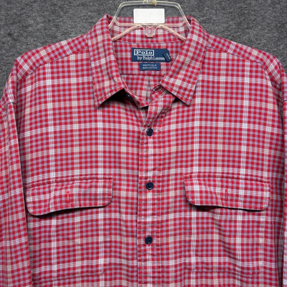Polo Ralph Lauren Whitfield Mens XL Red Blue Plaid Cotton Flannel Button Shirt